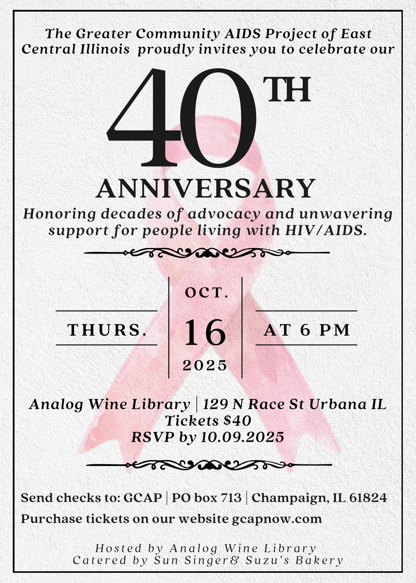 10-16 40th Anniversary Celebration GCAP "Save the Date: March 22nd and 23rd. Artists Against AIDS 30 years". written on a tan background with tye dye artistic embellishments